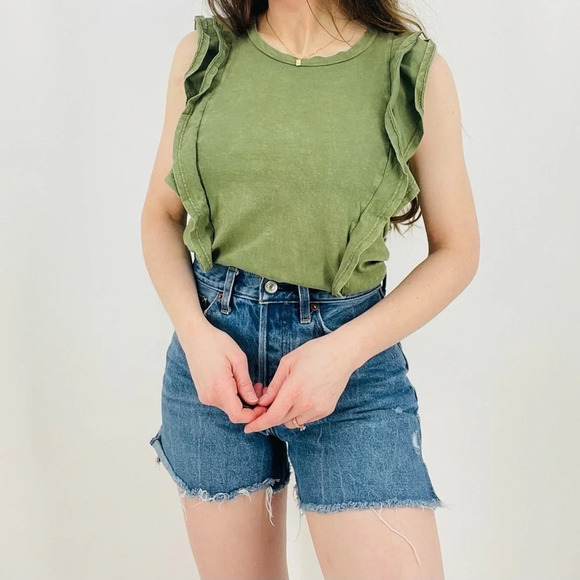 anthropologie eri + ali boho washed ruffle tank in moss green size s - Picture 1 of 6